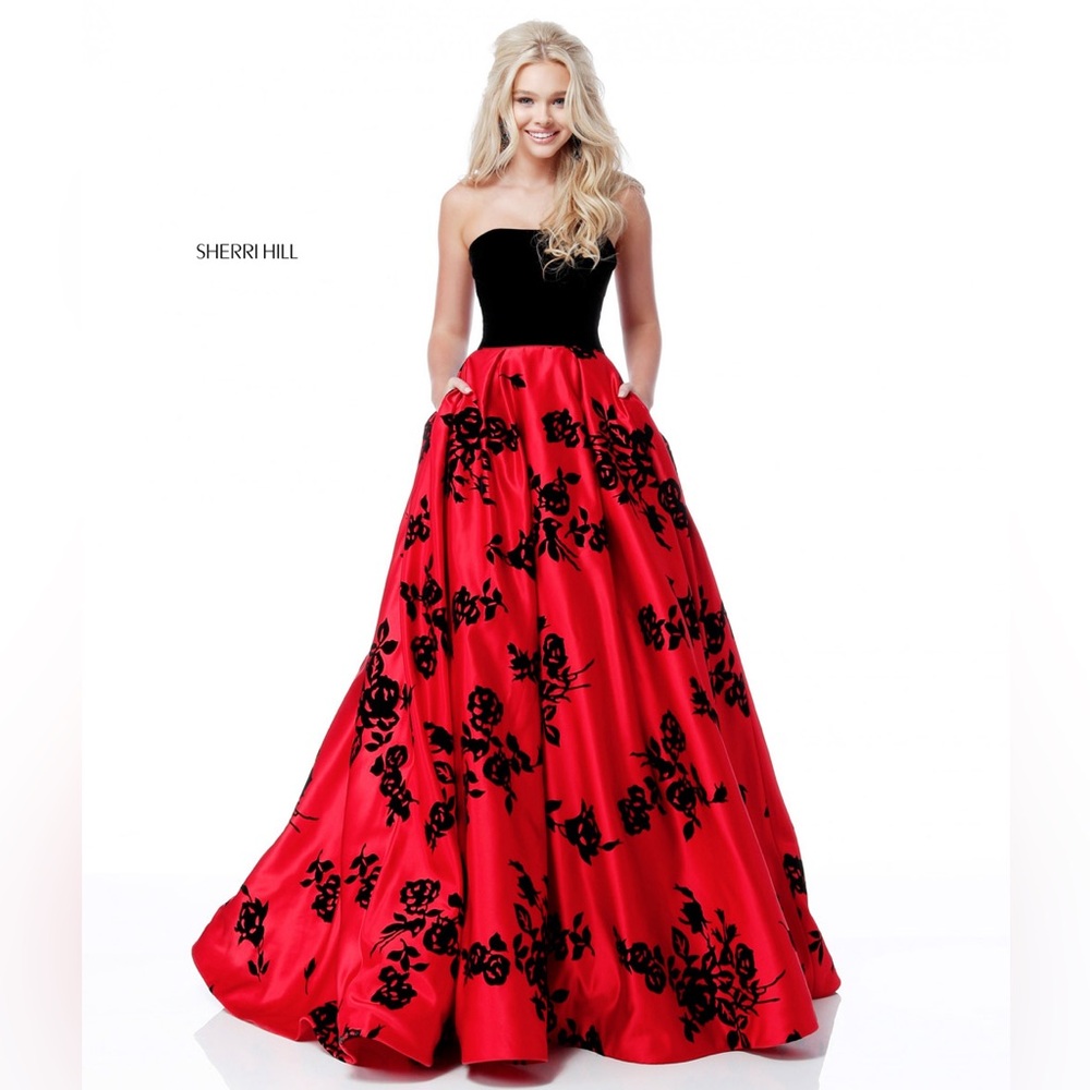 SHERRI HILL 51685 BLACK AND RED FLORAL BALLGOWN SIZE 4 - Picture 1 of 12